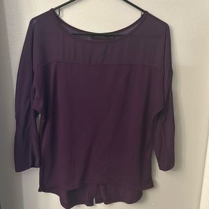 Purple  3/4 sleeve button back shirt with sheer neckline